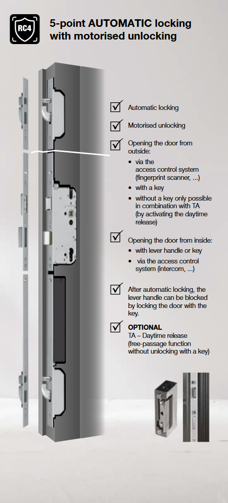 5-point automatic locking with motorised unlocking